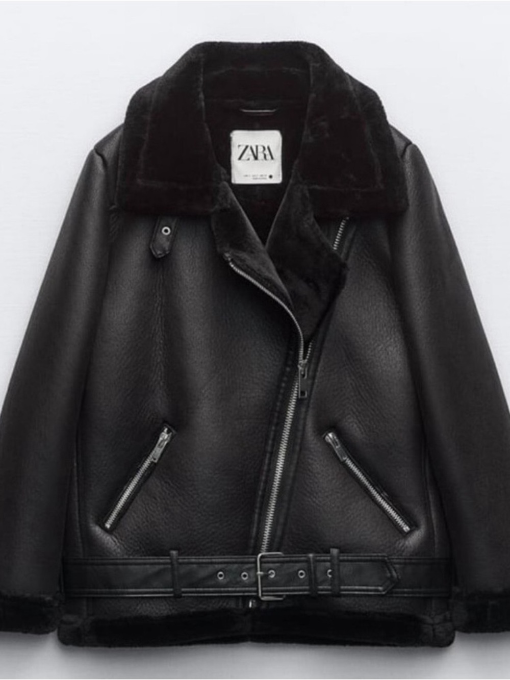 Zara Black Double-Faced Faux Shearling Leather Biker Jacket Coat with Belt